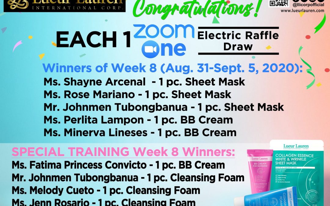 Congratulations to the winners of week 8 (August 31 to September 5, 2020) of our Each One Zoom One Promo and Special Training Week 8 winners!