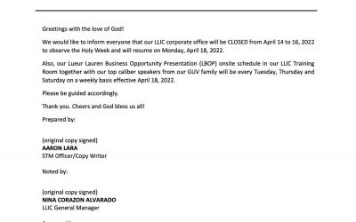 HOLY WEEK ADVISORY and the LBOP SCHEDULE at our TRAINING ROOM located in our LLIC Corporate Office.