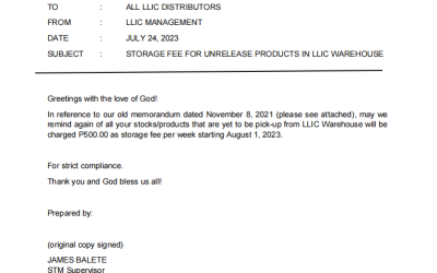 STORAGE FEE FOR UNRELEASE PRODUCTS IN LLIC WAREHOUSE